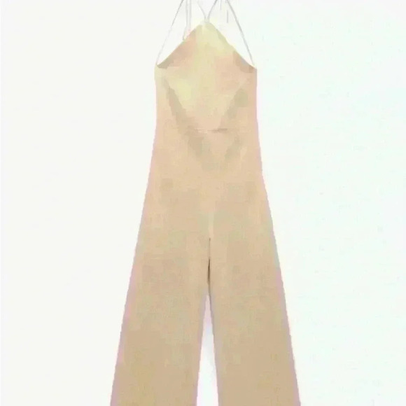 Zara Halter Wide Leg Ruffle Jumpsuit open back Cotton Cream Beige size  S - Picture 6 of 10